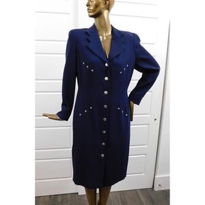 New Escada Vintage Navy Blue Wool Star Accent Long Jacket Coat sz 44‎